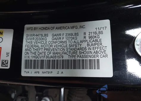 2018 Honda Accord Sport from USA, damaged, VIN 1HGCV1F30JA051579